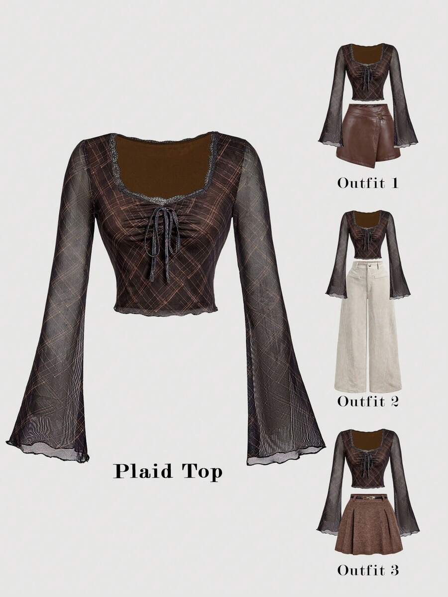 SHEIN MOD Áo thun nữ cổ vuông kẻ caro tay chuông, Quần áo mùa thu, Halloween, Áo thun tay chuông, Tay dài thoải mái, Áo đi chơi, Áo thun ôm sát, Áo có tay, Giáng sinh - màu nâu - Xem 1