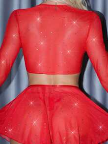 MidnightGlam Bộ 3 món váy ngắn xòe tay bồng lưới lấp lấp lánh gợi cảm dành cho nữ, thích hợp cho ngày Valentine. - Đỏ - Xem 7