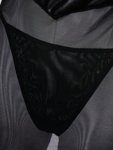 SHEIN 大码女式哥特风性感透视极简PU拼接网纱吊带睡裙+丁字裤两件套内衣套装 - 黑色 - 查看 4
