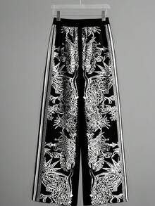 EMERY ROSE 2pcs Set: Printed Crew Neck Knit Top And Straight Wide Leg Pants, Autumn/Winter