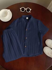 SHEIN 2pcs/Set Baby Boy/Girl Comfortable Casual Daily Textured Fabric White Short Sleeve Shirt And Pants Set, Suitable For Indoor, Outdoor, Daily, Sports, Play, Party, Photo Shoot, Holiday, Festival In Spring/Summer - Navy Blue - View 7