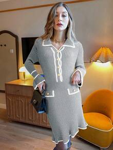 Pariaura 女士优雅撞色滚边圆领长袖休闲针织毛衣连衣裙 - 灰色 - 查看 3