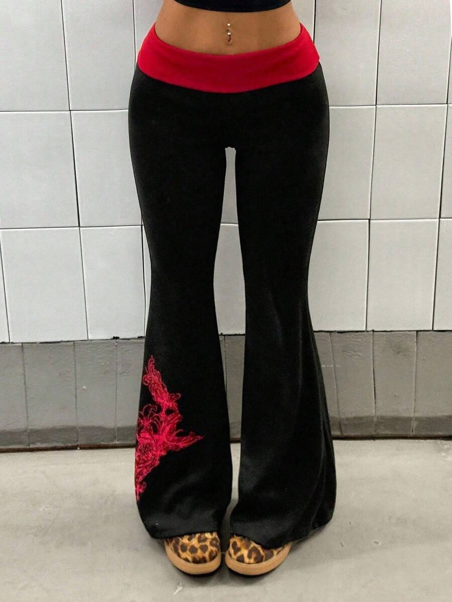 StreetHx Pantalones casuales de mujer con estampado de color contrastante negro y rojo - Multicolor - Ver 1