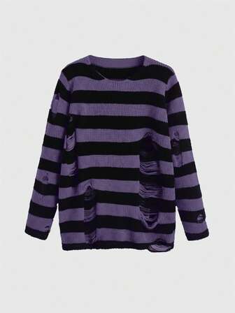 Kawaii Maglione a maniche corte da donna in stile Y2K punk, a righe scure e con design traforato