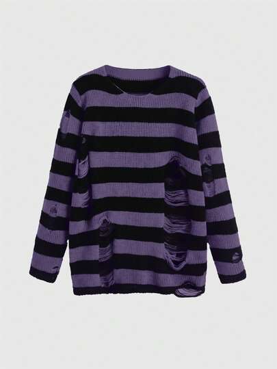 Kawaii Maglione a maniche corte da donna in stile Y2K punk, a righe scure e con design traforato