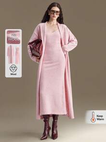 Ontre Women's Light Pink,Autumn,Elegant,Brunch Faux Mohair Wool Dress Set,Long Cardigan & V-Neck Spaghetti Strap H-Line Dress,Dropped Shoulder Knitted Wear - Baby Pink - View 2