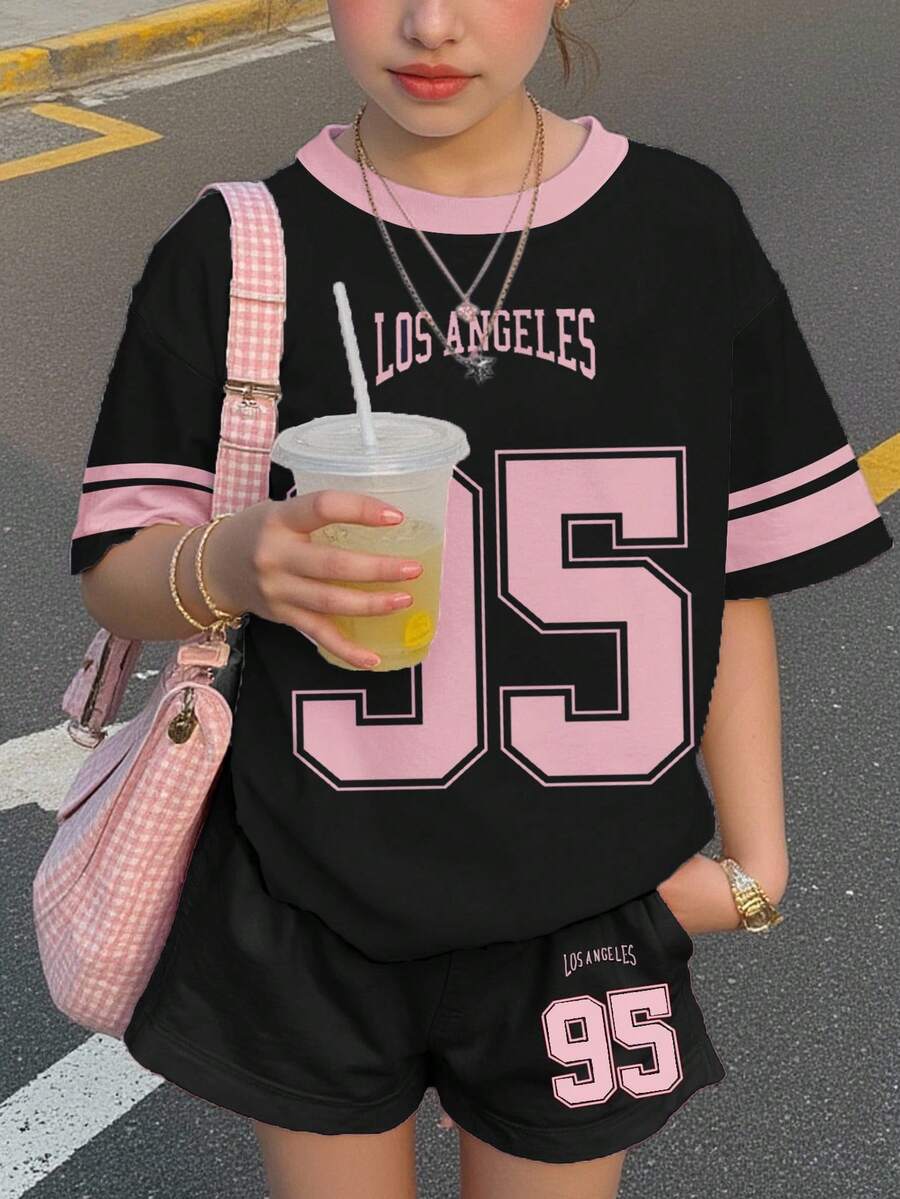 2件組青少年女孩休閒圖案95數字印花短袖T恤與短褲套裝,黑粉色,夏季,牛仔風,返校穿搭,休閒穿著 - 彩色 - 查看 1