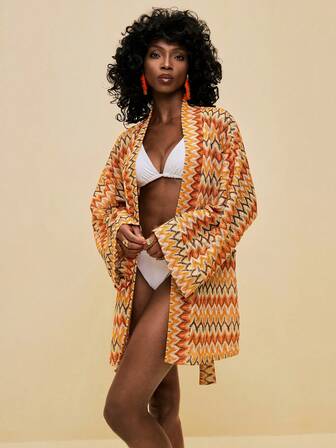 SHEIN Veneréa Kimono de mujer para vacaciones de verano, estilo bohemio, con estampado de rayas, manga de murciélago abierta y cinturón