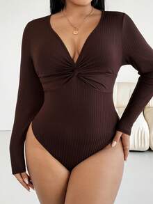 SHEIN Essnce Damskie body w dużych rozmiarach na jesień/zimę, modne, swobodne, o wysokiej elastyczności, wygodne, codzienne, seksowne, z dekoltem w serek i długim rękawem, brązowe, seksowne, top, jesienne stylizacje, bluzki na wyjścia, ubrania dla puszystych - Brązowy - Zobacz 3