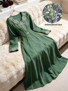 Al Najma Embroidered Lace Patchwork Elegant Modest Long Sleeve Dress