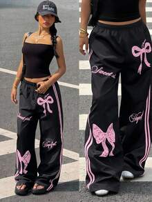SHEIN Sparklyn 少女宽松蝴蝶印花休闲运动裤，适合日常通勤、休闲、度假、外出聚会、街头穿搭