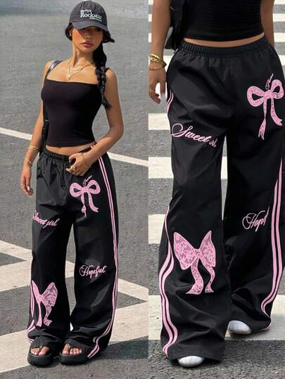 SHEIN Sparklyn Teen Girls' Loose Fit Butterfly Print Casual Sports Pants, Versatile For Daily Commute, Leisure, Vacation, Hangout, Street Style