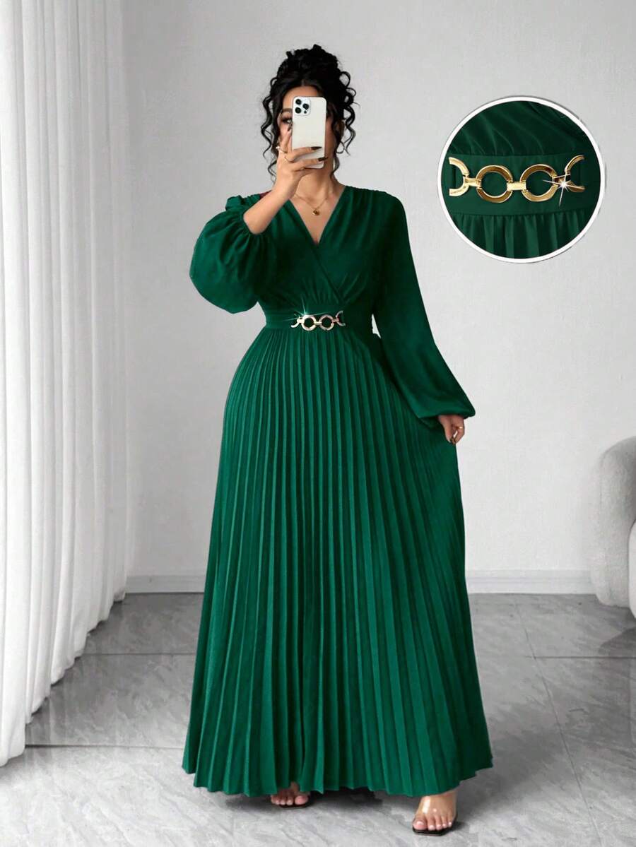 Elenzga Đầm cổ chữ V xếp ly thắt eo, trang trí khóa kim loại màu hồng cỡ lớn dành cho nữ, thiết kế cổ áo sơ mi và tay áo, thích hợp cho các dịp trở lại trường, tốt nghiệp, ngày lễ tình nhân, lễ hội âm nhạc, ngày của mẹ, lễ Halloween, lễ tạ ơn, lễ Phục sinh, ngày quốc khánh, vũ hội, tiệc hẹn hò, mùa cưới, các chuyến đi ngoài trời - Màu xanh lá cây đậm - Xem 1