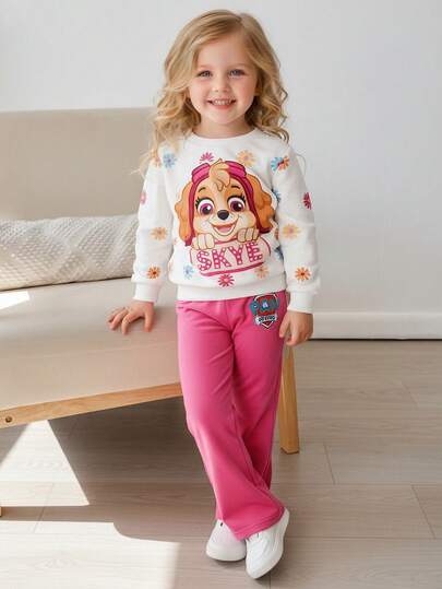 SHEIN | PAW Patrol Söt valp- och blommigt tryck för ung flicka, rund halsringad långärmad tröja och utsvängda stickade fritidsbyxor i 2 delar