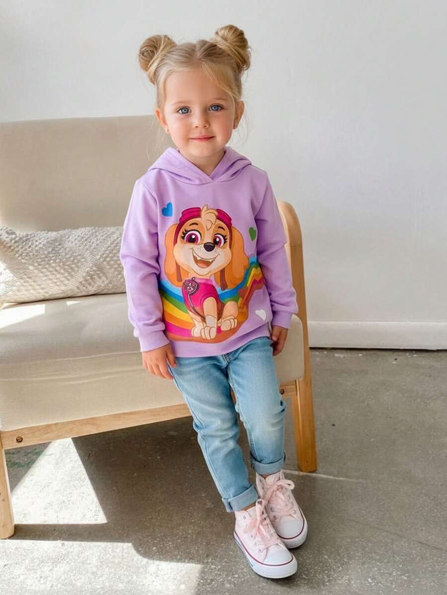 SHEIN | PAW Patrol Bluza z kapturem dla młodej dziewczyny z uroczym, kreskówkowym pieskiem i nadrukiem tęczy, luźny krój, do uprawiania sportów na świeżym powietrzu, fioletowa