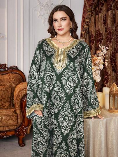 Al Najma Plus Size Women's Turkish Style Long Cardigan With Cashew Print, Floral Trim, Arabic Traditional Long Robe Kaftan Jalabiya Dress