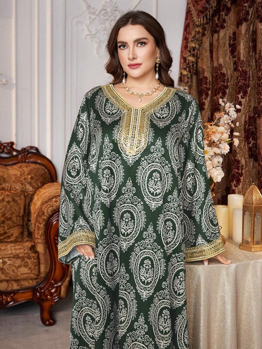 Al Najma Plus Size Women's Turkish Style Long Cardigan With Cashew Print, Floral Trim, Arabic Traditional Long Robe Kaftan Jalabiya Dress - Dark Green - View 1