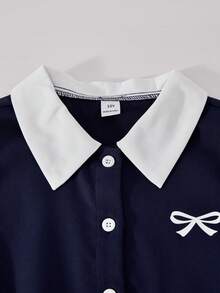 SHEIN Casuvi 少女款梭织翻领半开襟短袖A字褶皱衬衫裙，配PU腰带，蝴蝶印花装饰，适合春夏休闲穿着 - 藏蓝色 - 查看 5