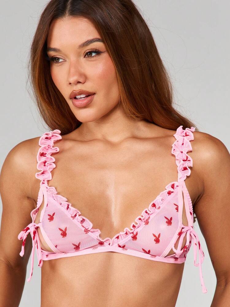 Missguided x Playboy Ruffle Detail Plunge Balconette Bikini Lingerie Set With Bunny Print And Tie Side Bottoms For Valentine Holiday