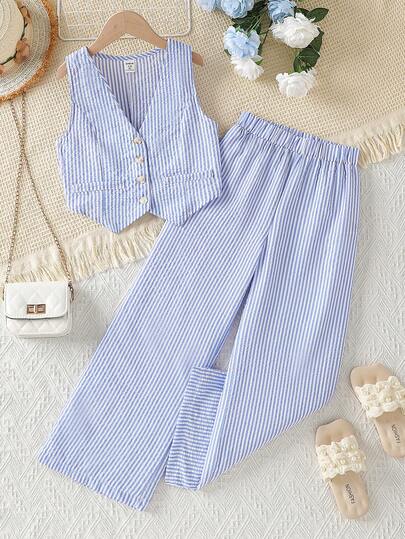 Emery Rose Kids 少女休闲优雅通勤街头时尚条纹纽扣领无袖上衣和直筒裤两件套