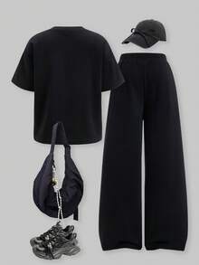 SHEIN ChillGRL 两件套少女宽松休闲运动纹理面料标签设计圆领上衣和阔腿裤套装，适合日常通勤、休闲、度假、朋友聚会、街头风格。 - 黑色 - 查看 2