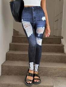 SHEIN LUNE 大码女装秋冬牛仔打底裤，印花破洞牛仔裤，做旧牛仔裤，牛仔打底裤，破洞牛仔打底裤，做旧牛仔打底裤，秋季服装，女教师装，女式牛仔打底裤，印花破洞牛仔裤，做旧牛仔裤，牛仔打底裤，破洞牛仔打底裤，做旧牛仔打底裤，秋季服装，女教师装，返校季瑜伽女裤，女式打底裤 - 藍色 - 查看 11