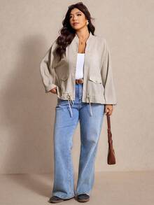 Elaquor Plus Size Solid Color Drop Shoulder Long Sleeve Loose Drawstring Jacket - Apricot - View 5