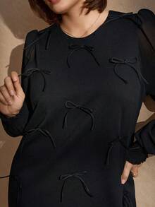 Chikora Women's Casual Solid Color Round Neck Long Sleeve Plus Size Dress Black Bow Dress Black Elegant Dress Plus Size Black Dress Black Long Sleeve Dress Winter Clothes For Women  Christmas Outfit For Women   New Year Clothes New Year's Outfit For Women  Bow Dress, Little Black Dress, A-Line Skirt Long Sleeve Elegant Dress Black Shift Dress Bow Detail Short Dress - Black - View 8