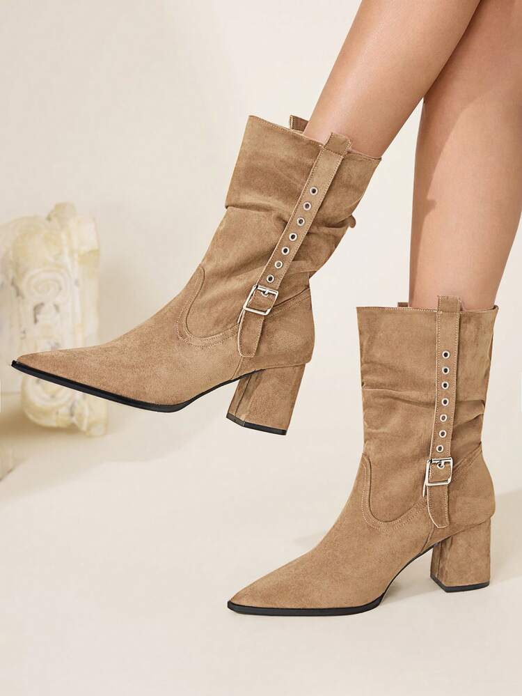 CUCCOO CHICEST Women's Fashion Versatile Commuter Buckle Pointed Toe Mid-Calf Boots