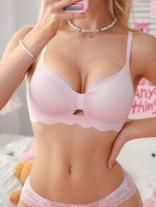 1pc Women's Seamless Wireless Lace Trim Bra, Comfortable Cute Everyday Bra With Removable Pads - Pink - View 6