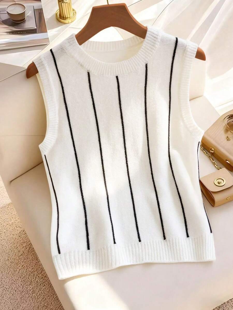 GlowEve Spring/Summer New Arrival Early Spring Ribbed Crew Neck Sleeveless Contrast Striped Ribbed Hem Fashionable Casual Women Pullover Sweater Vest - Multicolor - View 1