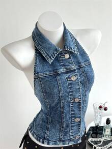 Elamini Áo yếm denim hở lưng cổ bẻ, đơn hàng khuy, thời trang đa năng cho nữ dự tiệc - Rửa trung bình - Xem 8