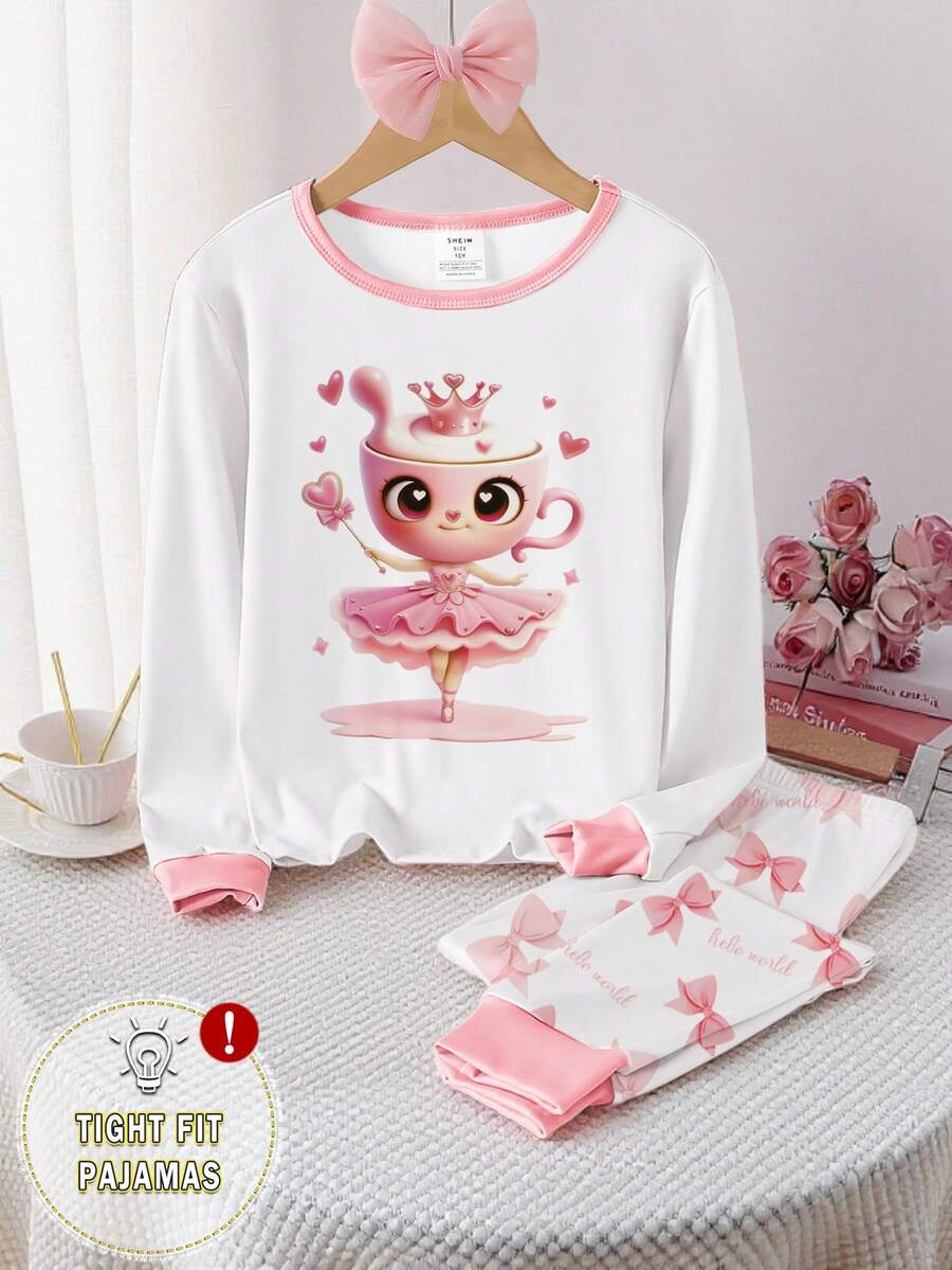 Tween Girls Pajamas Set, Fashion Dance Girl Design With Pink Bow, Contrast Collar & Cuff, Crew Neck, Long Sleeve Top And Pants, Tight Fit, Recommend Sizing Up 1 Set - White - View 1
