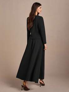 Women, Autumnn, Long Sleeve, Two Set, Top, Skirt, Split, - Black - View 2