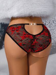 MidnightGlam 1pc Red & Black Butterfly Lace Hollow Out Gold Chain Design Thong Panty, Lingerie For Women,Sexy,Valentine's Day,Wedding - Multicolor - View 5