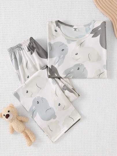 2件套女童休闲卡通兔子印花柔软舒适长袖睡衣套装