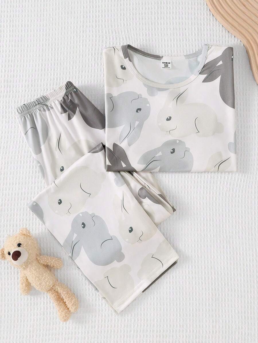 2件套女童休闲卡通兔子印花柔软舒适长袖睡衣套装 - 淺灰色 - 查看 1