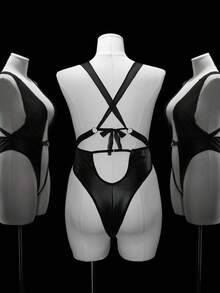 SHEIN 大码女式镂空尖头黑色性感漆皮连体裤 - 黑色 - 查看 2