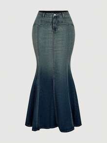 Sweetra Chân váy đuôi cá denim xếp ly cổ điển thời trang giản dị - Rửa trung bình - Xem 4