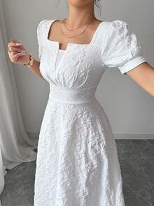 Rafferiza Tall 女士花卉提花泡泡袖褶皱优雅连衣裙 - 白色 - 查看 5