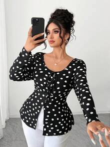 Elenzga 大码优雅通勤波点印花纽扣系带T恤，秋季款 - 黑與白 - 查看 7