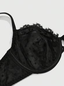 ROMWE Gothic Polka Dot Jacquard Lace Underwire Bra - Black - View 3