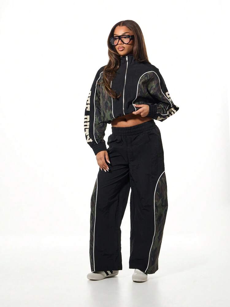 SUMWON Oversized Wide Leg Camouflage Panel Joggers With Elastic Waistband And Contrast Piping Details For Casual Streetwear