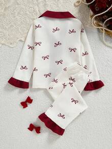 Conjunto de 2 piezas de cárdigan de manga larga y pantalones con estampado de cerezas y lazos para niña, ropa de estar en casa casual y cómoda - Albaricoque - Ver 2