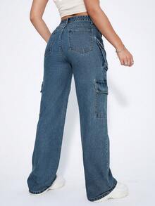 Jeanoix Y2K黑色高腰翻盖口袋工装磨毛面料保暖牛仔裤加厚牛仔布 - 霧霾藍 - 查看 2