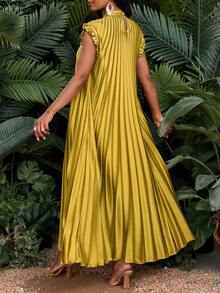 SHEIN Lady Elegant Party Wedding Cocktail Party Boho Beach Gold Stand Collar Woven Flounce A Line Dress Long Plus Size Dress - Gold - View 3