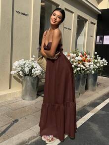 MainGRL 波西米亚风白色连衣裙，无肩带，适合春夏度假 - 棕色 - 查看 4