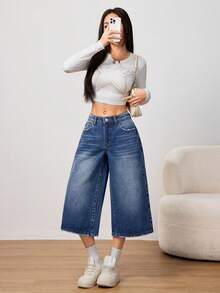 SHEIN PETITE Women's Casual Washed Wide Leg 7/8 Length Jeans Washed Denim Spring And Summer Loose-Fitting 7/8 Length Denim Jeans - Dark Wash - View 6
