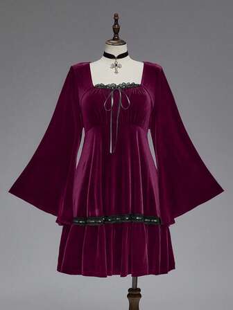 Goth Robe vintage romantique à manches évasées en velours taille haute