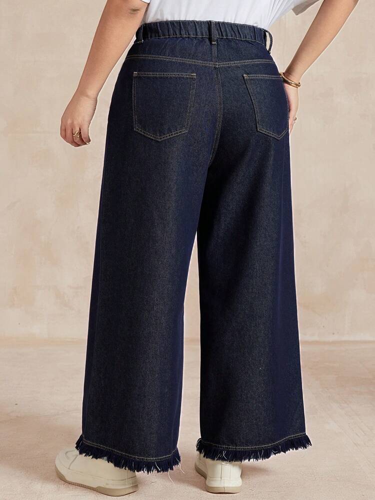 Dazy Plus Plus Size Women Loose Straight Leg Jeans With Frayed Hem, Elastic Waist, Casual Commuter Style, All Season